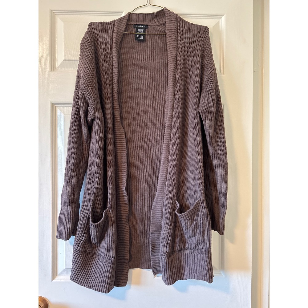 Max & Mia Cardigan Sweater Womens Large Brown Excellent Ribbed Cotton Open Front